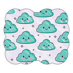 decorative frame with kawaii clouds pattern over white background, colorful design. vector illustration