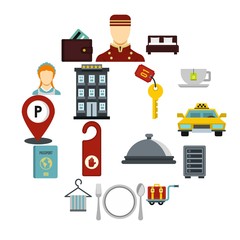 Hotel icons set, flat style