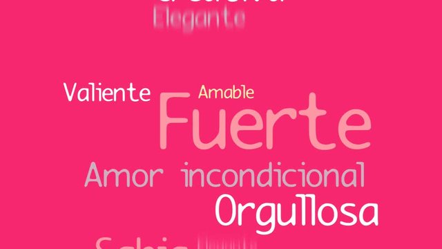 Feliz Dia de la Madre, Happy Mother's Day in Spanish language, greeting card. Pink silhouette of pregnant woman with a cloud of words inside on a yellow background with hearts. 2D animation