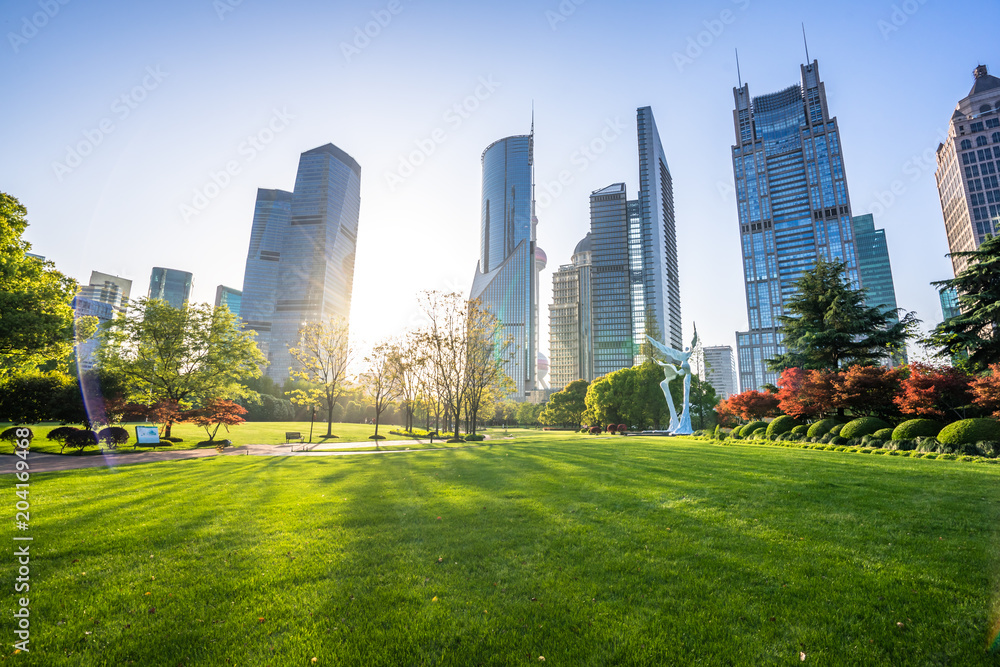 Poster modern office building with green lawn in shanghai park