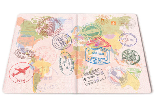 Passport stamps background with various countries. World map in passport