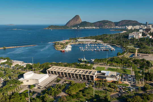 Aerial View of Museum of Modern Art, Marina da Gloria and the Sugarloaf Mountain in the Horizon, in Rio de Janeiro, Brazil