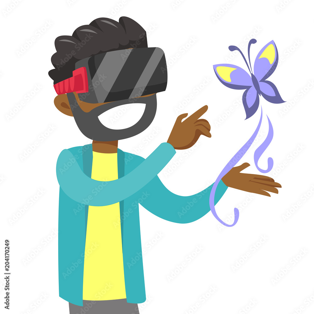 Poster black man in vr headset with a butterfly projected with augmented technology. virtual and augmented 