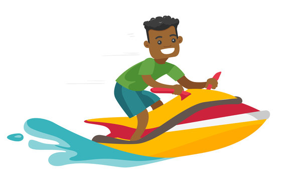 Black man riding a jet ski scooter in the sea at summer sunny day. Young sports excited man riding a water scooter. Leisure activities concept. Vector cartoon illustration. Horizontal layout