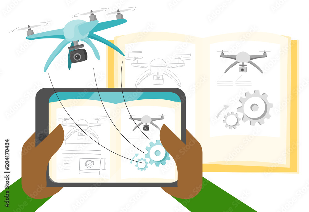 Poster a man uses augmented reality on a tablet with flying drone. augmented technology incorporated into a