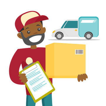 A black man courier delivers a package. There are box and papers to sign in courier's hands. Delivery and transportation concept. Vector cartoon illustration isolated on white background.