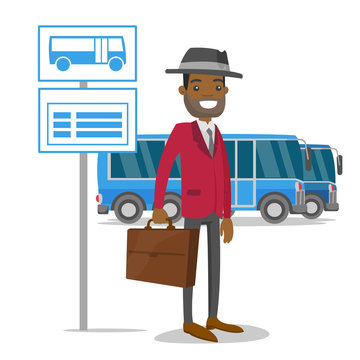 A black man waiting a bus on a stop with timetable. A caucasian male with a case waits in a bus station. Transportation of peoople concept. Vector cartoon illustration isolated on white background.