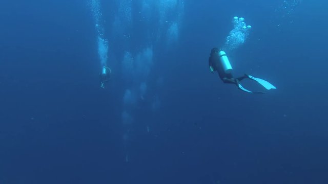 Group scuba divers swims in the blue water, Indian Ocean, Fuvahmulah island, Maldives
