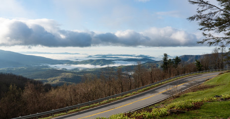 fog hanging in the valleys of the Pisgah National Forest in North Carolina