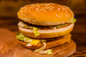 Fresh hamburger on the rustic wooden table