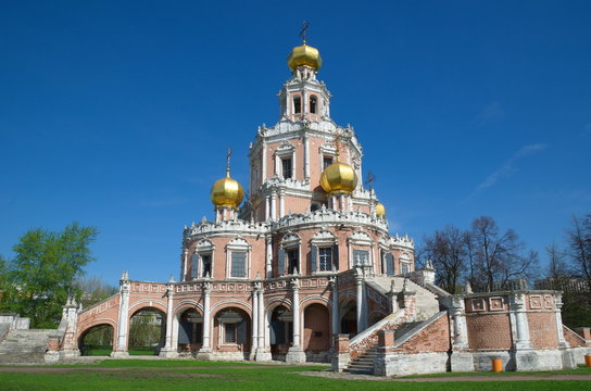 Beautiful Church of the Intercession of the Virgin in Fili, Moscow, Russia. Built at the beginning of 1690s - the classical monument of Naryshkin Baroque architecture