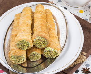 Sweet Bakery Food Puff Roll with Cream Also Know As Homemade Cream Roll, Puff Pastry, Swiss And Jelly Roll is a type of sponge cake roll filled with whipped cream, jam