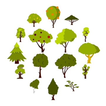 Green tree icons set, flat style