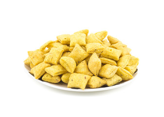 Indian Tea Time Spicy Methi Para Snack Also Know As Namak Para or Namkeen is a Crunchy Savoury Snack of India and Pakistan Isolated on White Background