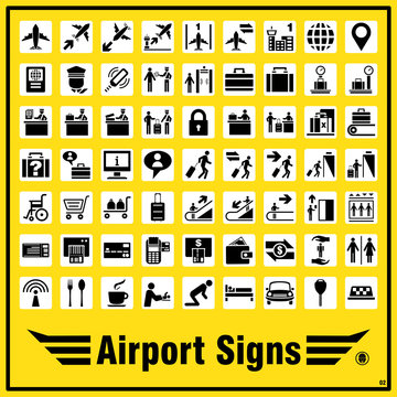 Set of airport signs and symbols for standards using to indicate various purposes and direction to locations around the airport area.