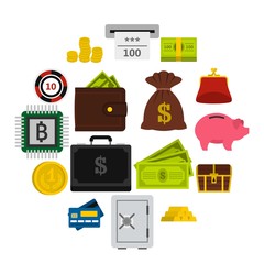Money icons set, flat style