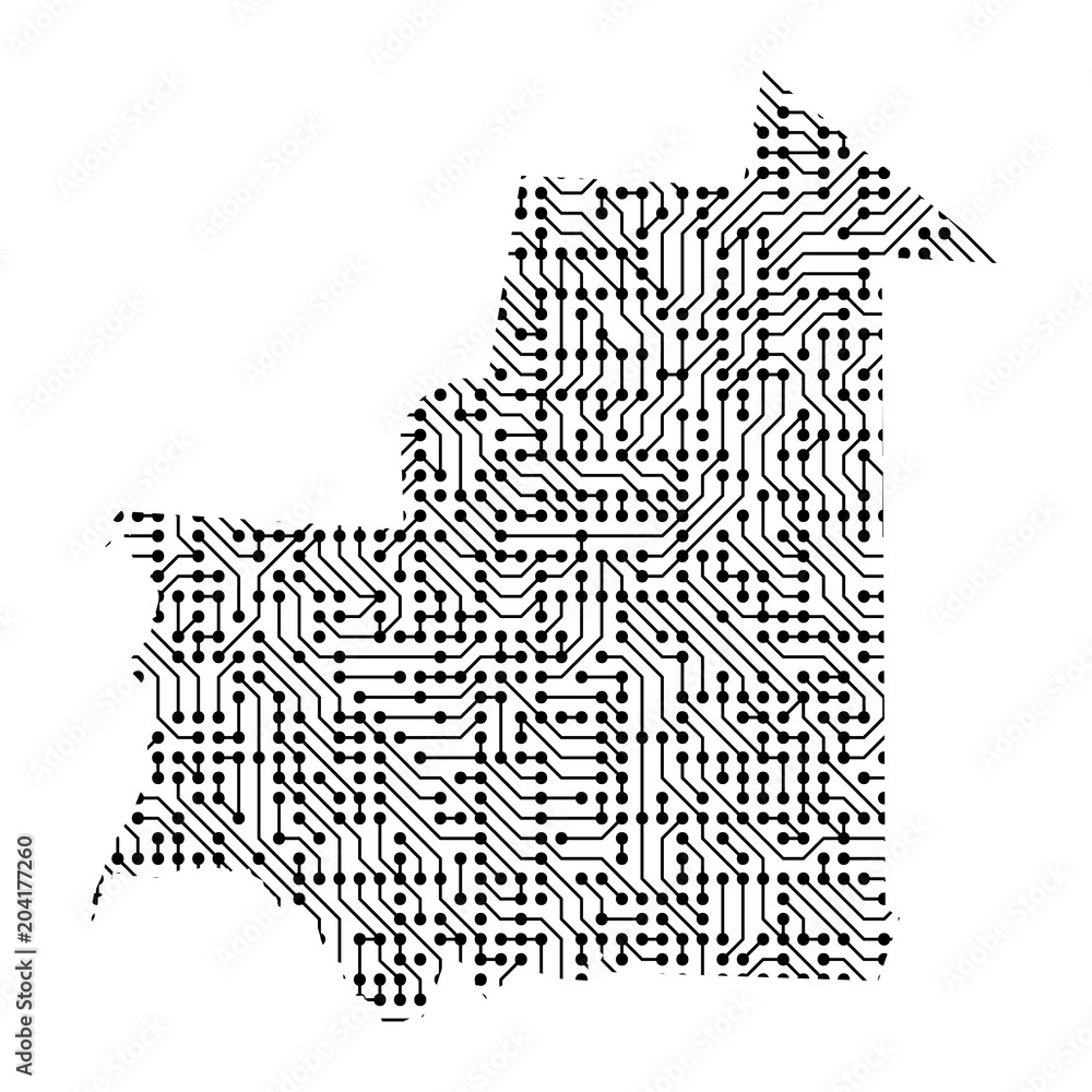 Poster abstract schematic map of mauritania from the black printed board, chip and radio component. compute