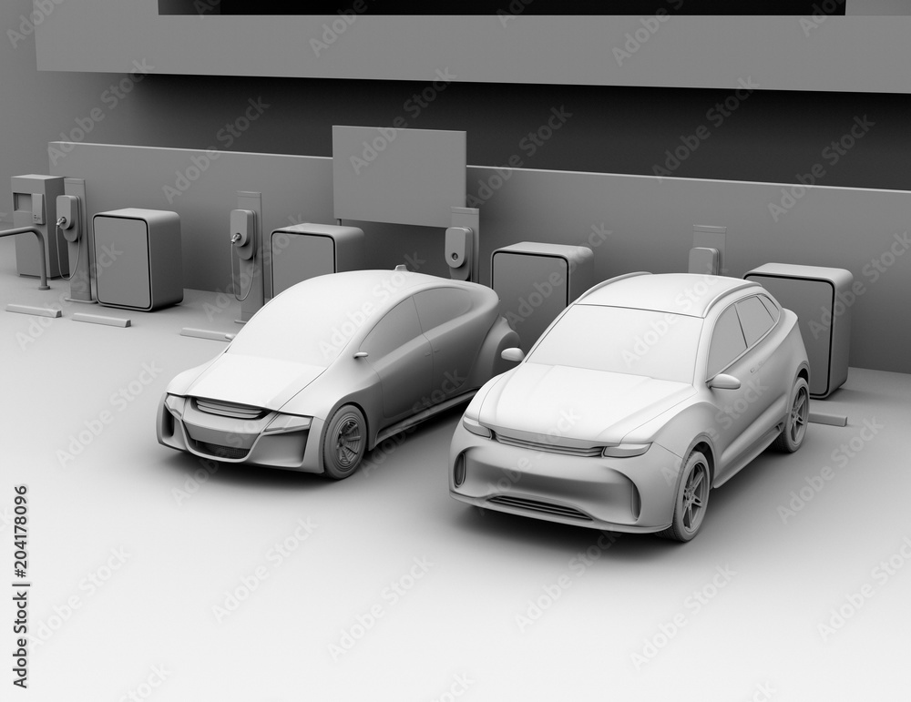 Poster clay rendering of electric suv and self-driving sedan in car share parking lot. 3d rendering image.