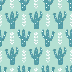 Hand drawn floral mexican cacti seamless repeat pattern
