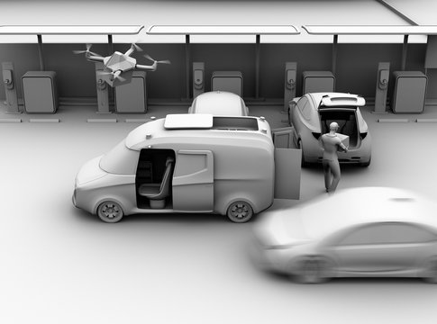 Clay rendering of delivery staff carrying package to blue car trunk in parking lot. Drone takes off from delivery van to delivering parcel. Concept for last one mile concept. 3D rendering image.