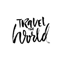 Travel the world. Hand drawn phrase. Ink handwritten illustration. Modern dry brush calligraphy. Vector illustration.