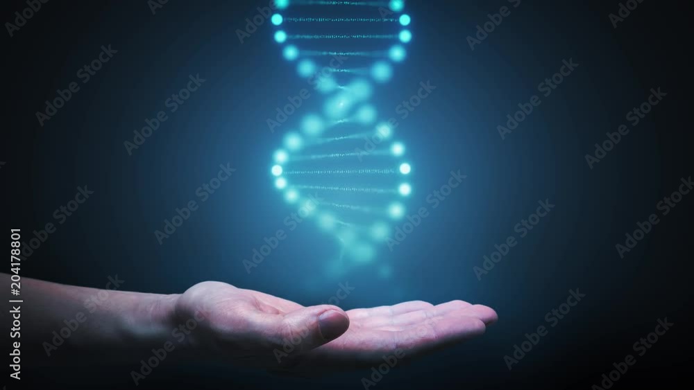 Poster genetics concept. 3d looping animation of rotating dna molecules in chromosomes.