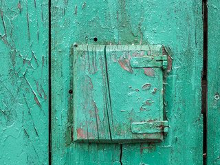 Detail of a very old weathered green door made of wood