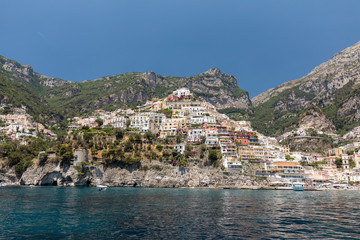 Positano seen from the sea on Amalfi Coast in the region Campania, Italy