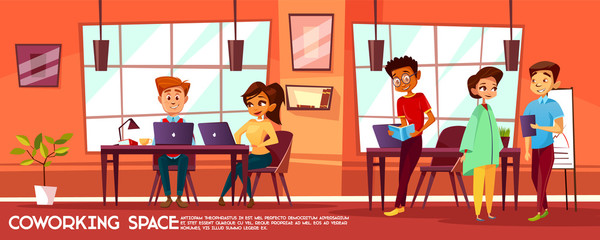 Vector cartoon office room, coworking space with workplaces, desks, big windows and communicating people. Illustration with business or meeting room with young characters women, men