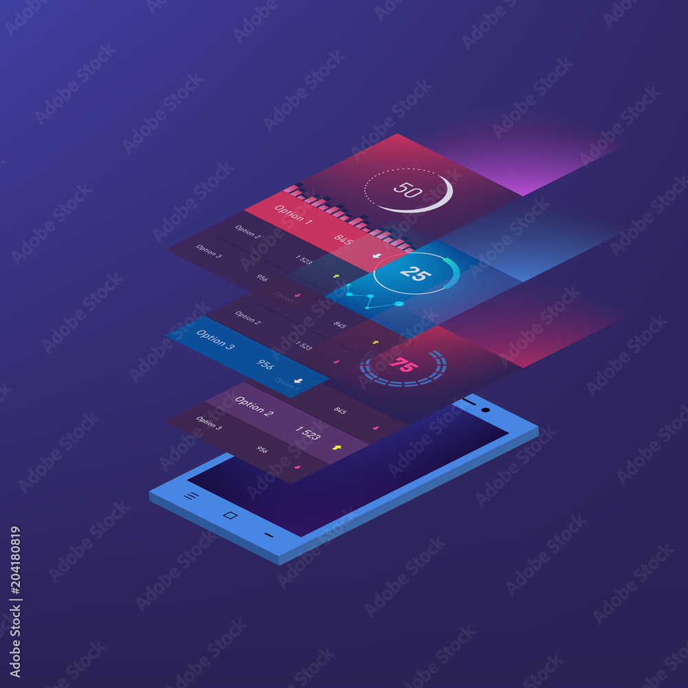 Poster flat design responsive management and administration dashbord ui mobile app template on trendy subtl