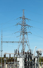 High power transformer station for industry on blue sky
