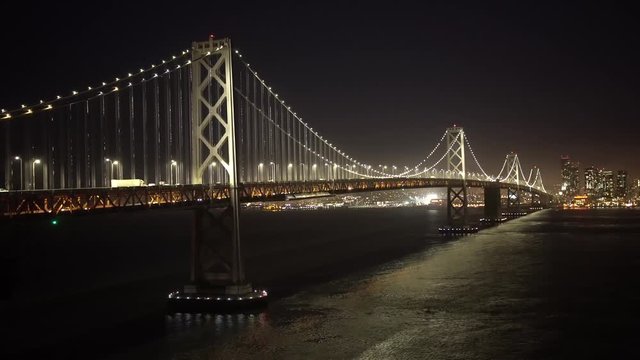A view of the Bay Bridge and the City of San Francisco. Camera is panning.