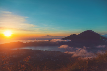 Morning view of Mount Gunung Agung volcano from Mt. Batur, Bali, Indonesia.