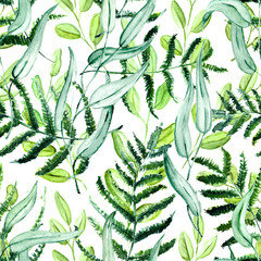 Naklejka na ściany i meble Seamless Realistic Watercolor Greenery Pattern. Hand Drawn Leaves and Branches Print. Summer, Spring Forest Herbs, Plants Texture. Foliage in Vintage Style. Nature Eco Friendly Concept. Textile.