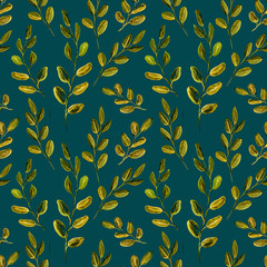 Seamless Realistic Watercolor Greenery Pattern. Hand Drawn Eucalyptus Leaves and Branches Print. Summer, Spring Forest Herbs, Plants Texture. Foliage in Vintage Style. Nature Eco Friendly Concept.