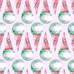 Seamless ice-cream pattern. Watercolor hand drawn summer beach print in unusual colors with ice lolly , Ice cream in a waffle cup. Childish baby background. Food print. Fabric, paper, cover, web