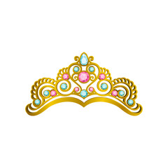 Golden queen crown with precious pink and blue stones. Vector icon of shiny princess tiara in realistic style. Expensive head accessory © Happypictures