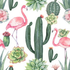 Watercolor vector seamless pattern of pink flamingo, cacti and succulent plants isolated on white background.
