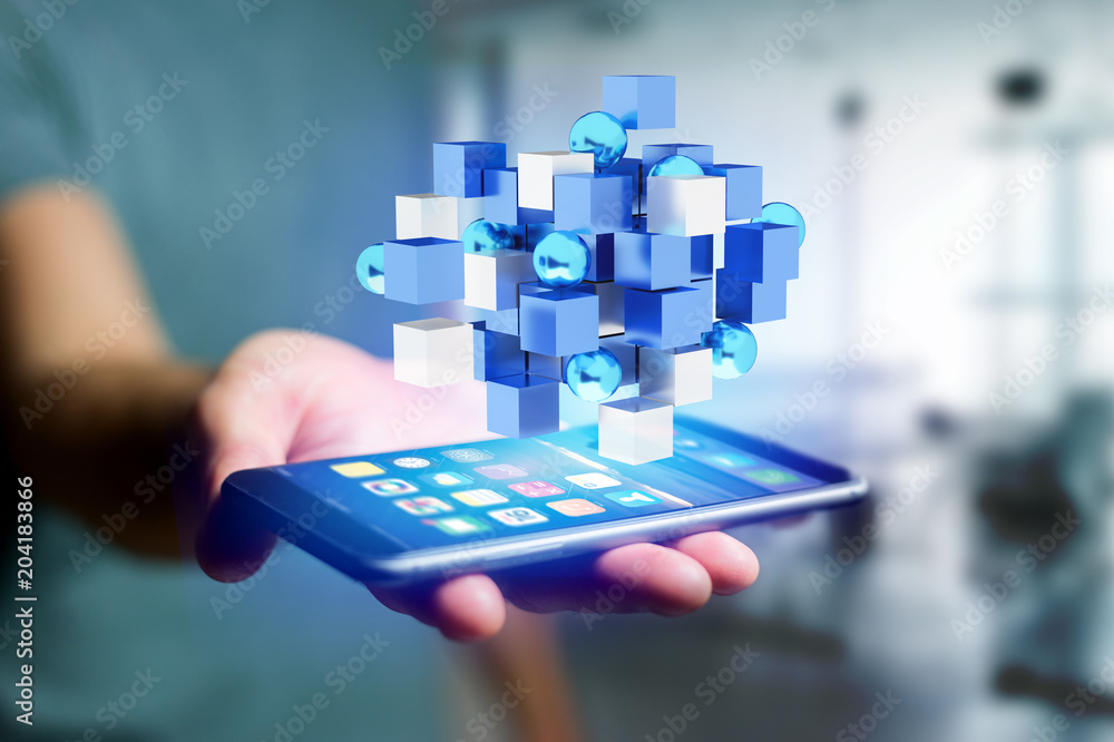 Aufkleber 3d rendering blue and white cube on a futuristic interface