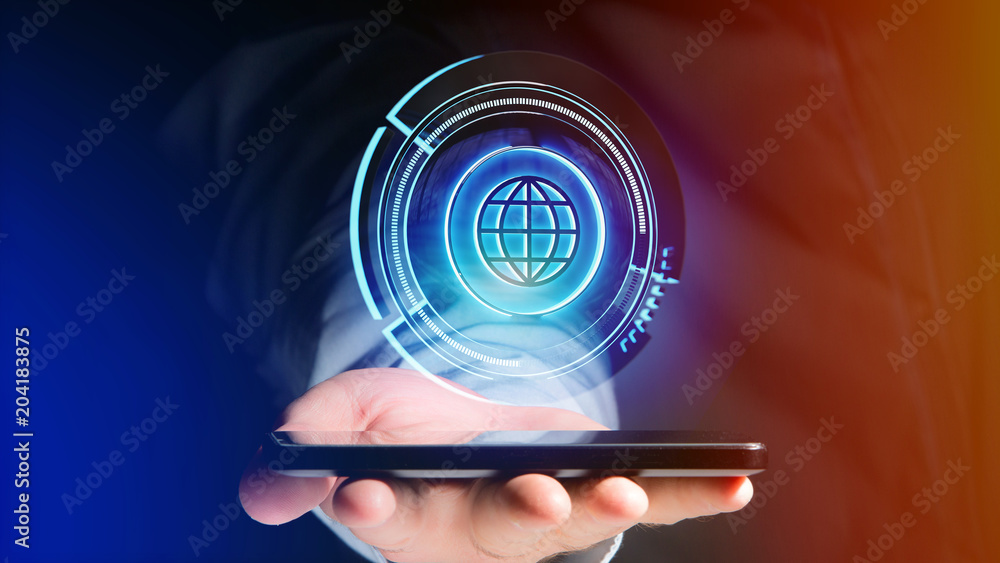 Poster businessman using a smartphone with a shinny technologic globe button - 3d render