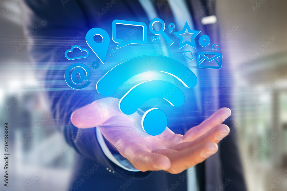 Poster wifi symbol connection surrounded by multimedia and internet application logo - 3d rendering