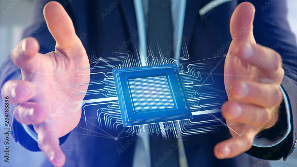 Poster processor chip and network connection - 3d render