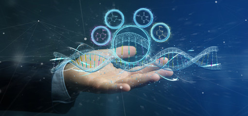 Businessman holding a 3d render DNA