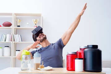 Man with nutrition jars and virtual reality glasses