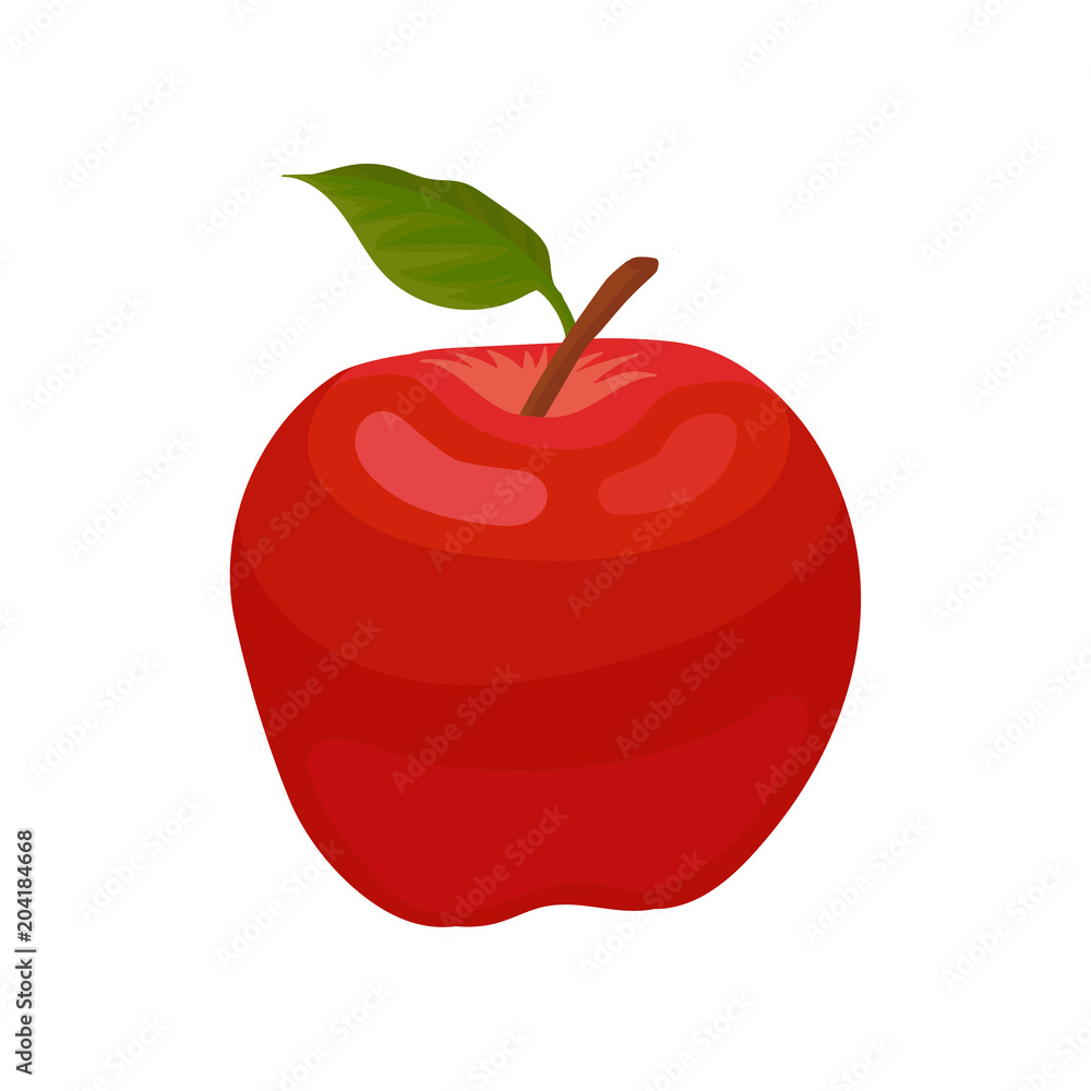 Poster bright red apple with little green leaf. natural ingredient for summer fruit salad. flat vector elem