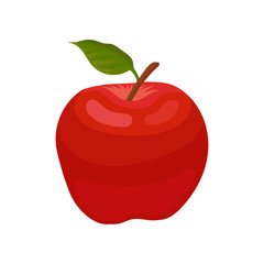 Bright red apple with little green leaf. Natural ingredient for summer fruit salad. Flat vector element for juice packaging