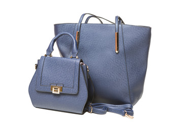 two blue women's bags on a white background, one bag more than another