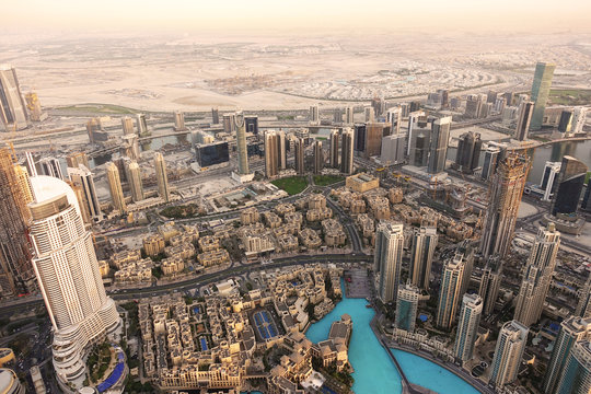 Aerial view of Dubai Mall and Dubai Fountain in a sandy dusty day, Dubai, United Arabia Emirates, 1st of May 2018
