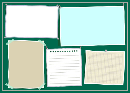 Five different paper notes of the reminders on the pins at the adhesive tape on a green background mockup.