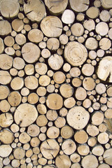 Sawn timber logs stacked for a wood burning stove. Close up in full frame and a vertical format